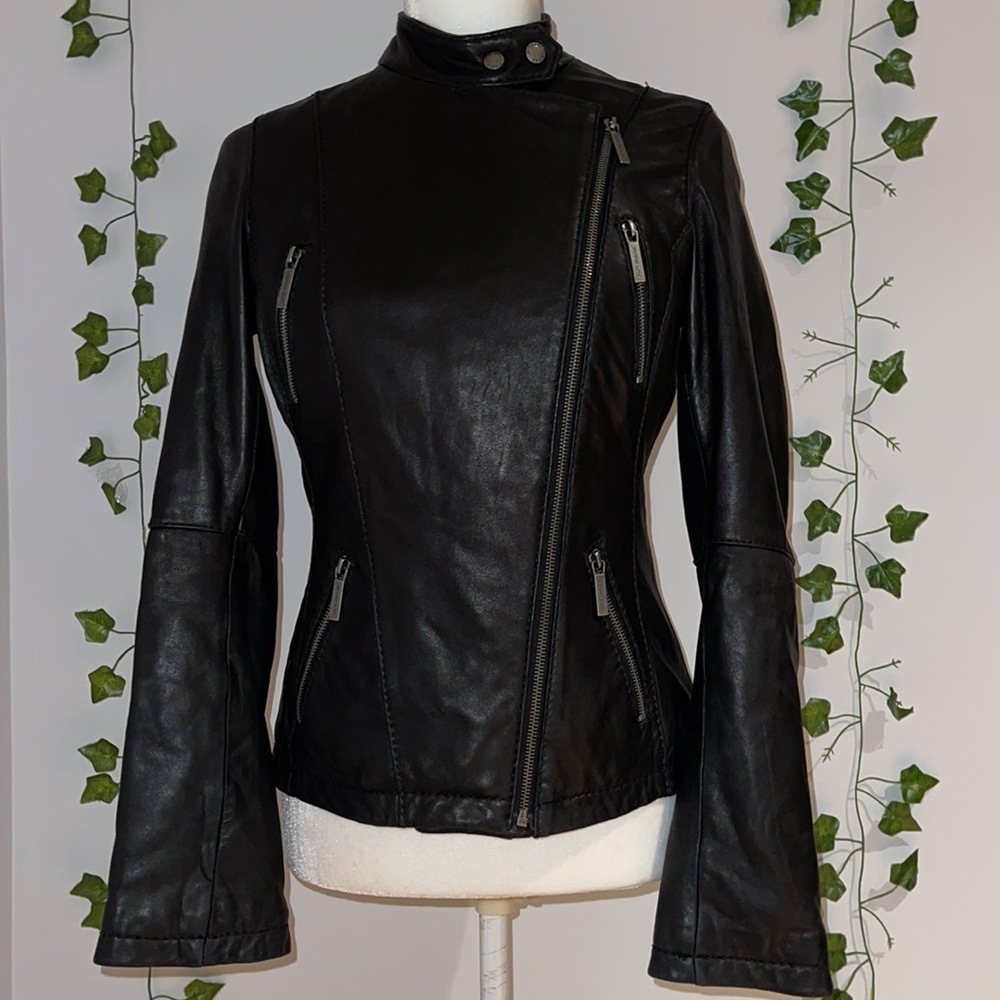 Women's Michael Kors Black Leather Zip Jacket XS - Picture 4 of 16